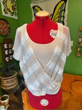 Deb Cream and White Striped Knit Surplice Top